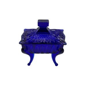 Indiana Glass Vintage Cobalt Blue Footed Trinket or Jewelry Box with Lid
